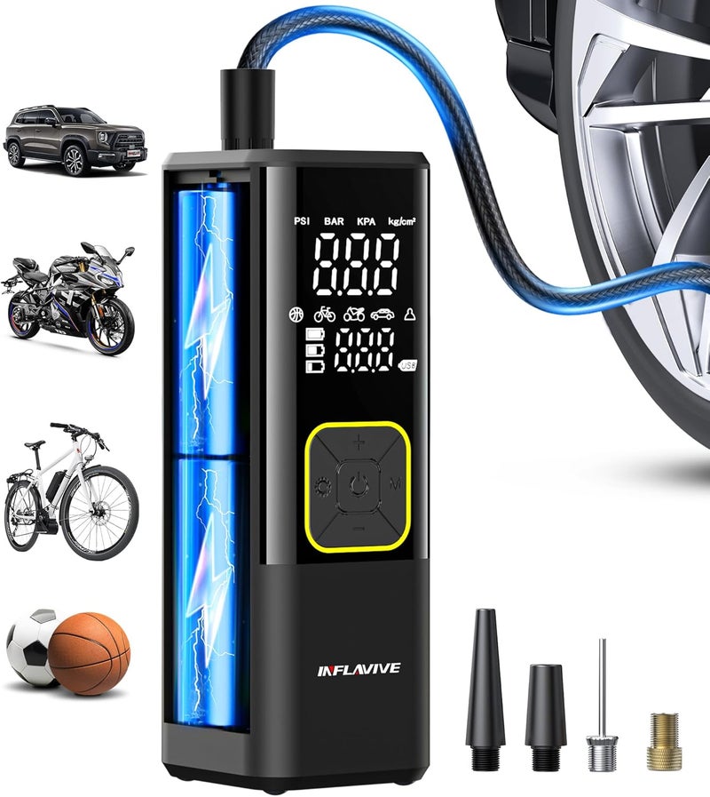 InflaVive Tire Inflator Portable Air Compressor, 150 PSI Cordless Air Pump for Car Tires with Digital Pressure Gauge, 3X Faster Tire Pump for Cars, Motorcycle, Bicycle, Balls with LED Light, Auto Shut-Off - Image 1